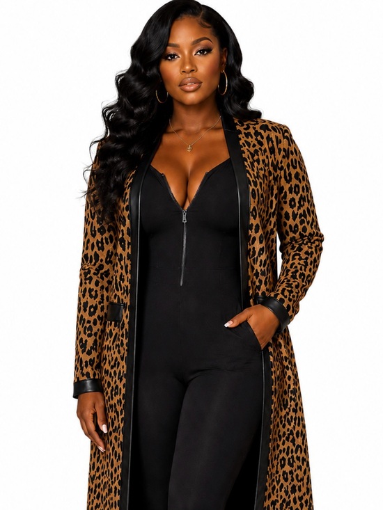 Kasper Jackets & Blazers - Kasper Leopard-Print Long jacket with Black faux leather Trim